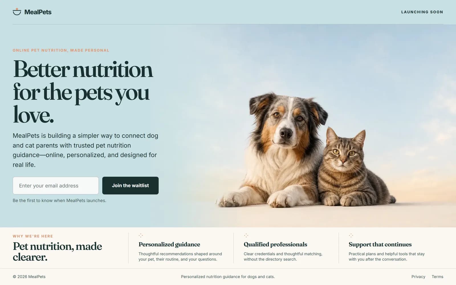 MealPets launch homepage with its nutrition guidance waitlist